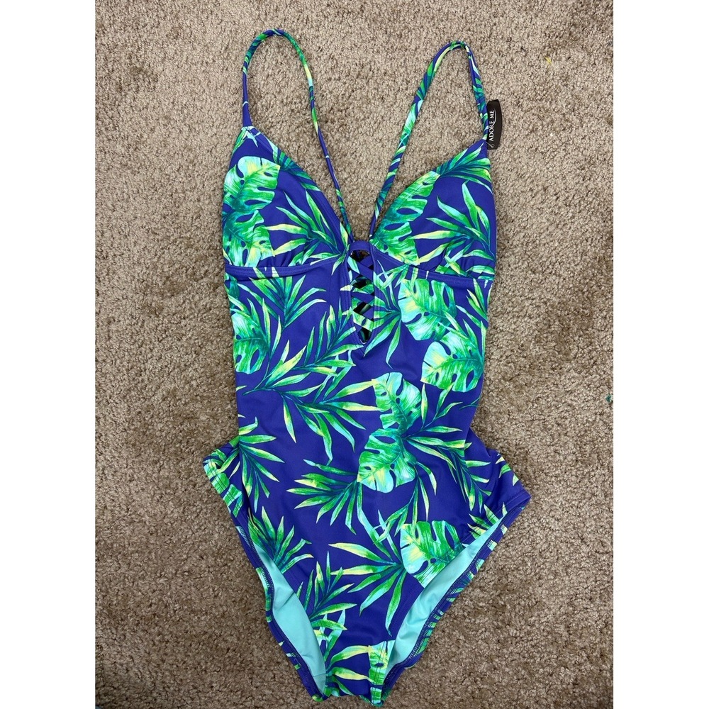 Adore Me L Kally Contour Swimsuit One Piece Lace Up Corset Palm Leaf Green Print